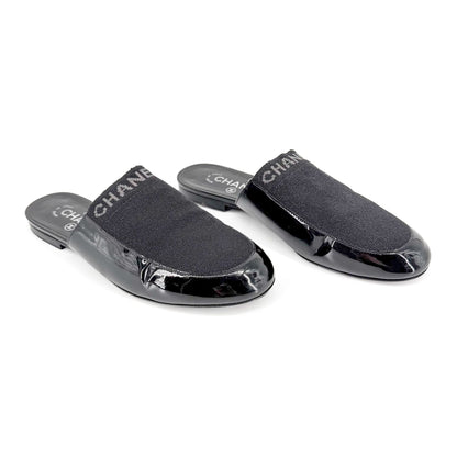 Chanel Logo Mule Flats Black Patent Glitter Size 39C