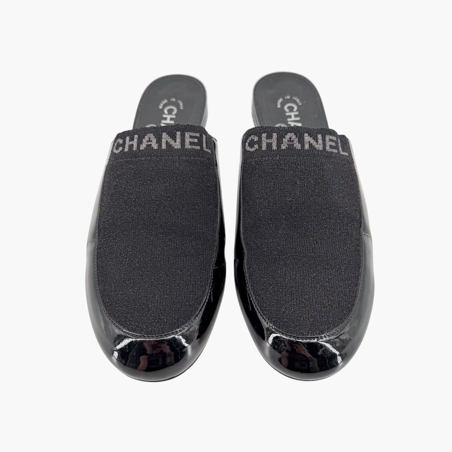 Chanel Logo Mule Flats Black Patent Glitter Size 39C