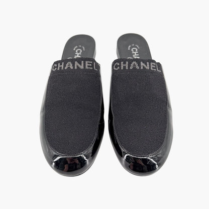 Chanel Logo Mule Flats Black Patent Glitter Size 39C