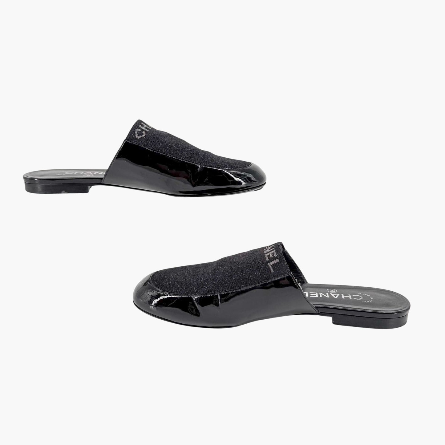 Chanel Logo Mule Flats Black Patent Glitter Size 39C
