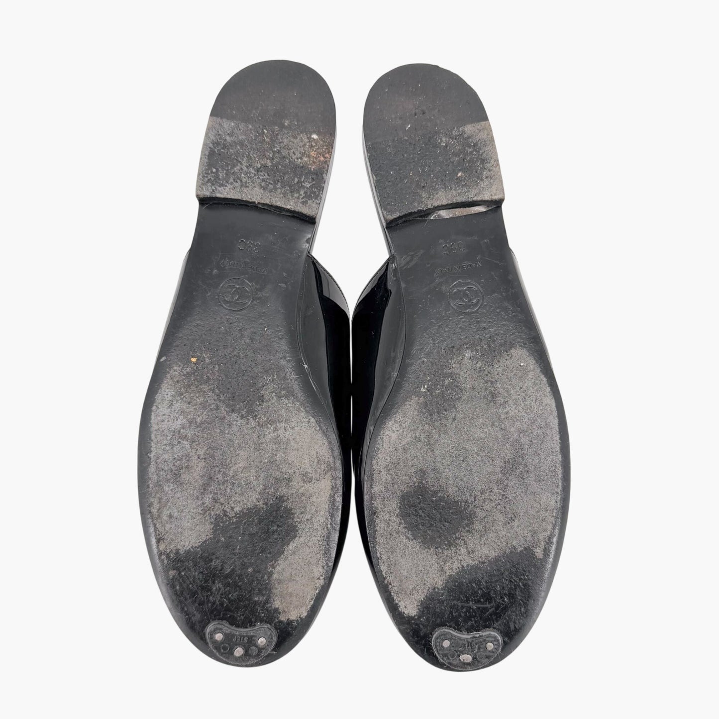 Chanel Logo Mule Flats Black Patent Glitter Size 39C