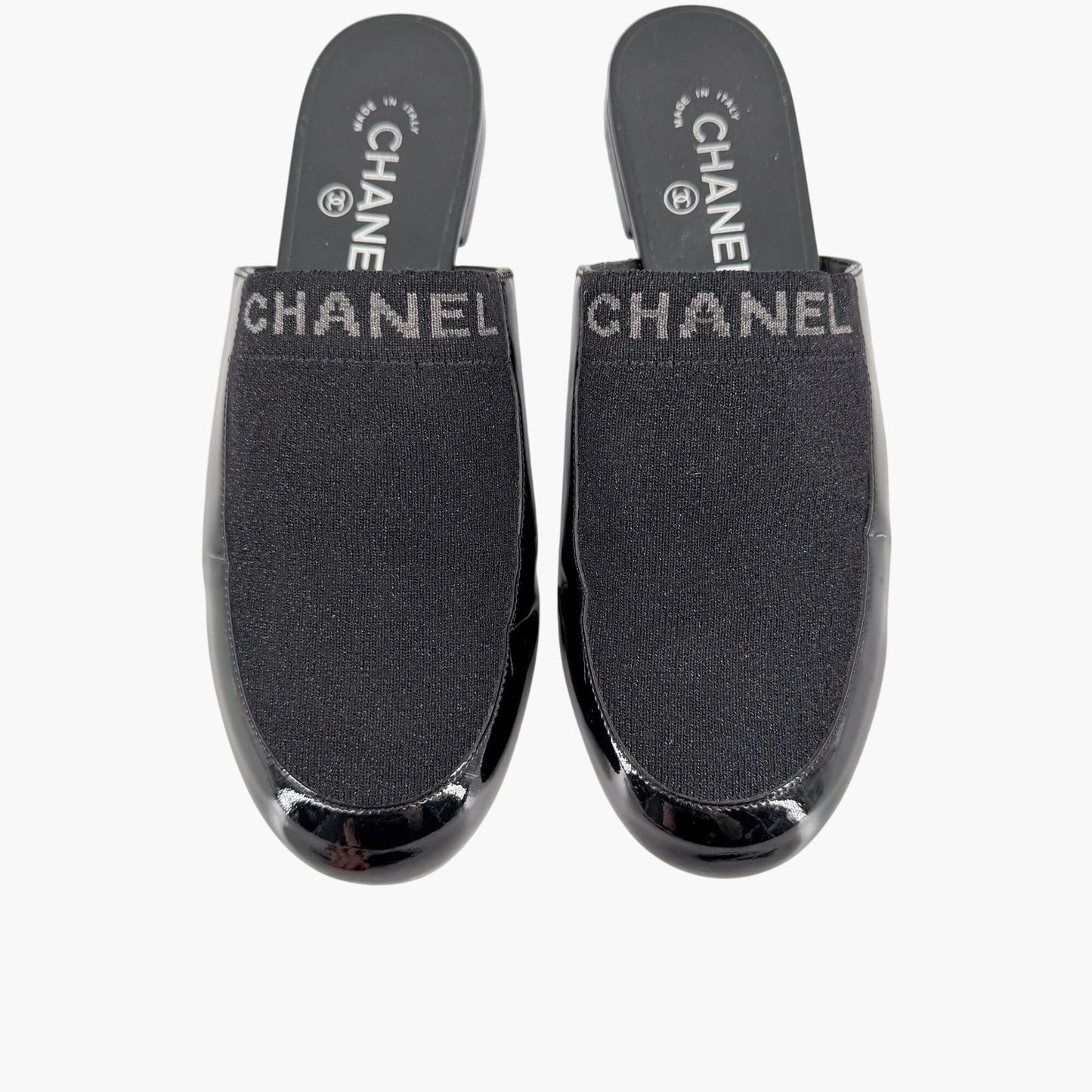 Chanel Logo Mule Flats Black Patent Glitter Size 39C