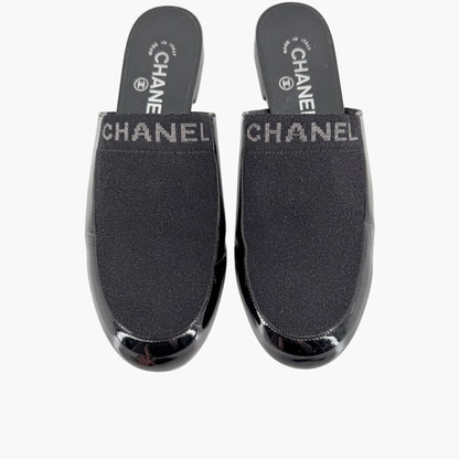 Chanel Logo Mule Flats Black Patent Glitter Size 39C