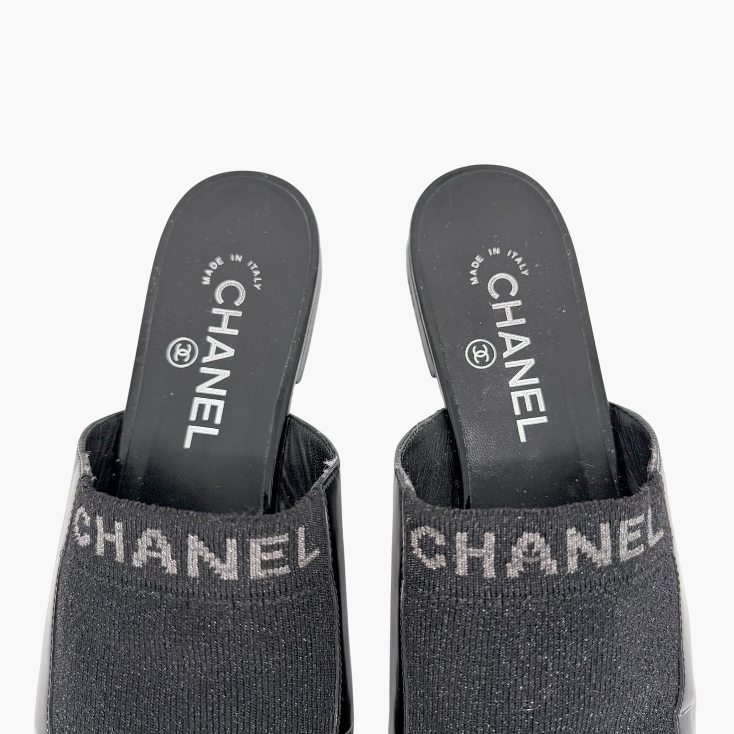 Chanel Logo Mule Flats Black Patent Glitter Size 39C