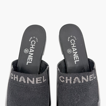 Chanel Logo Mule Flats Black Patent Glitter Size 39C