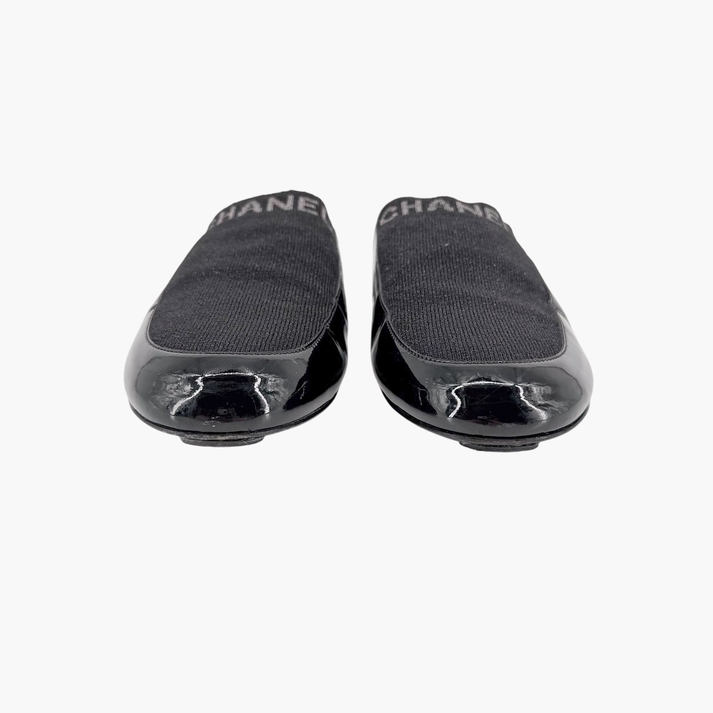 Chanel Logo Mule Flats Black Patent Glitter Size 39C