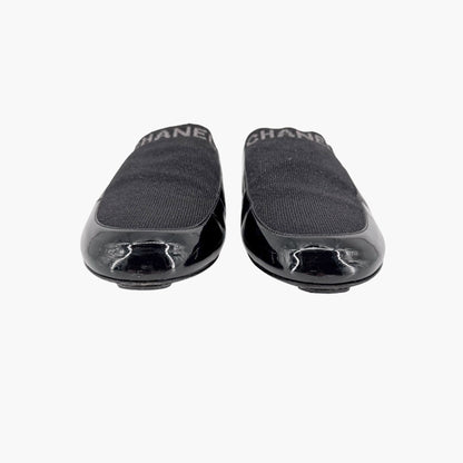 Chanel Logo Mule Flats Black Patent Glitter Size 39C