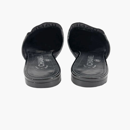Chanel Logo Mule Flats Black Patent Glitter Size 39C
