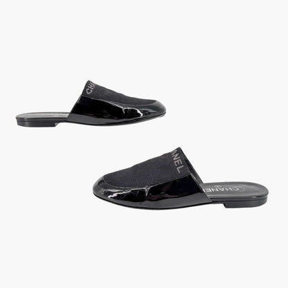 Chanel Logo Mule Flats Black Patent Glitter Size 39C
