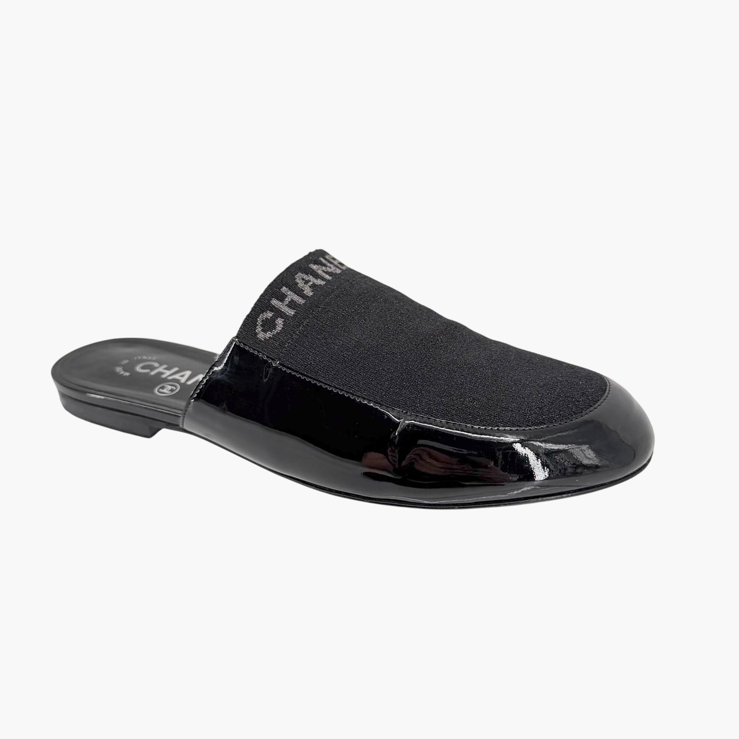 Chanel Logo Mule Flats Black Patent Glitter Size 39C