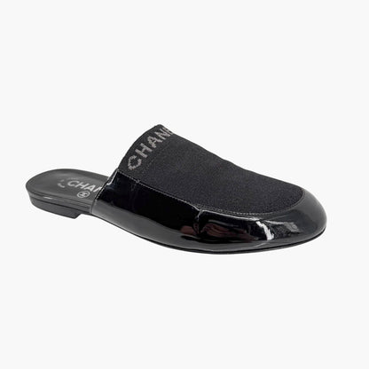 Chanel Logo Mule Flats Black Patent Glitter Size 39C