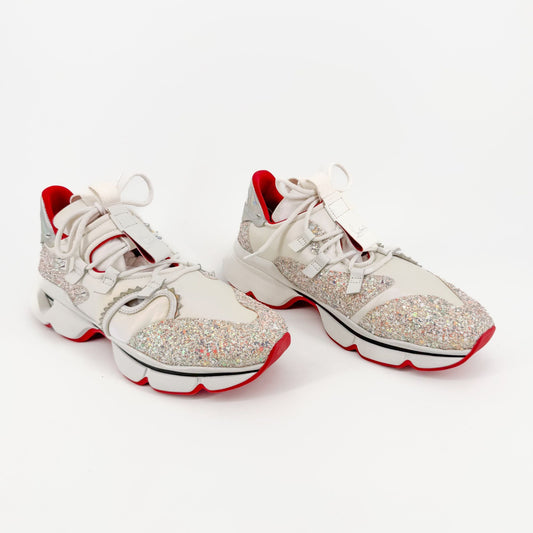 Christian Louboutin Red Runner Donna Flat Sneakers in White Pearlescent & Glitter Size 41