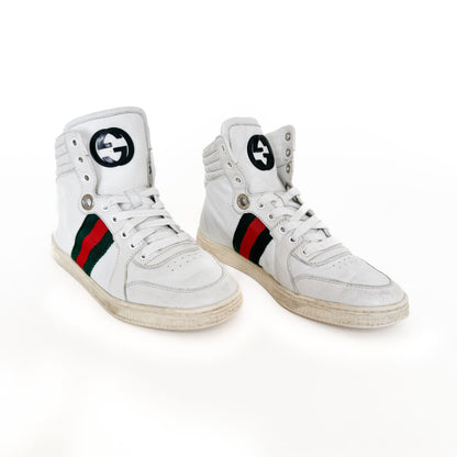 Gucci Coda High Top Web Stripe Sneakers in White Leather Size 37