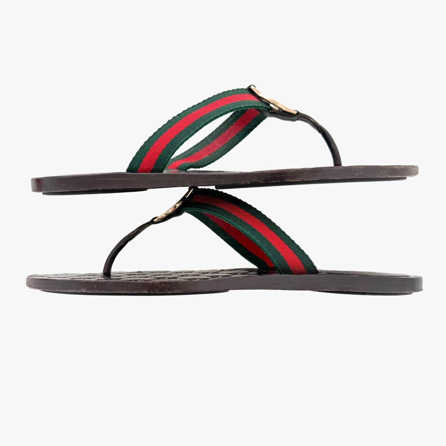 Gucci GG Web Stripe Thong Sandal in Brown Leather Size 39