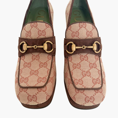 Gucci Houdan Horsebit Block Heel Loafer in Beige GG Monogram Canvas Size 40