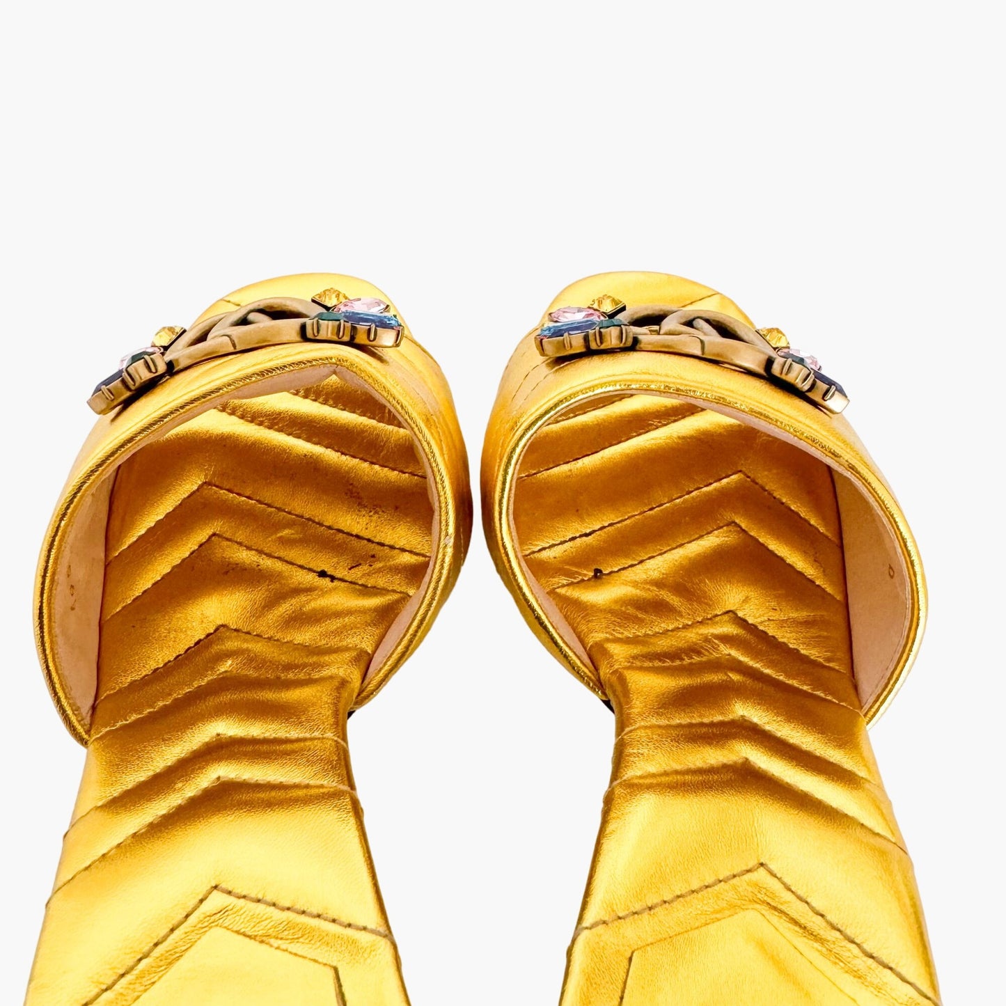 Gucci Crystal-Embellished GG Mules in Gold Matelassé Leather Size 40