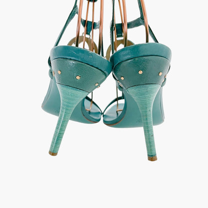 Gucci Ankle Wrap GG Sandals in Teal Leather Size 8.5