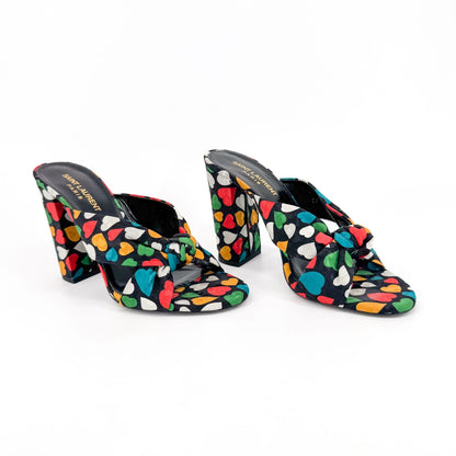 Saint Laurent Bianca 100 Mule Sandals in Black Satin with Heart Print – Size 38.5