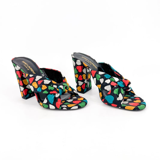 Saint Laurent Bianca 100 Mule Sandals in Black Satin with Heart Print – Size 38.5