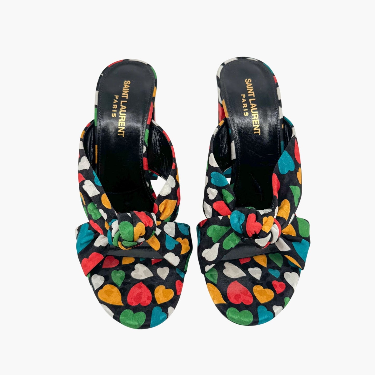 Saint Laurent Bianca 100 Mule Sandals in Black Satin with Heart Print – Size 38.5