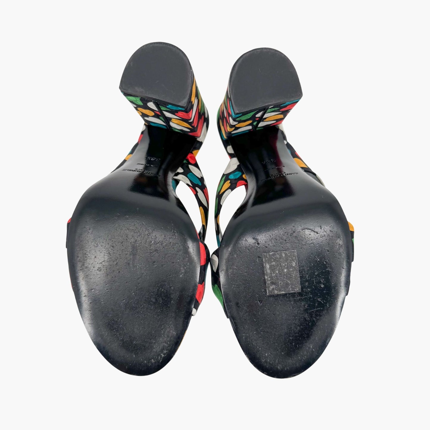 Saint Laurent Bianca 100 Mule Sandals in Black Satin with Heart Print – Size 38.5