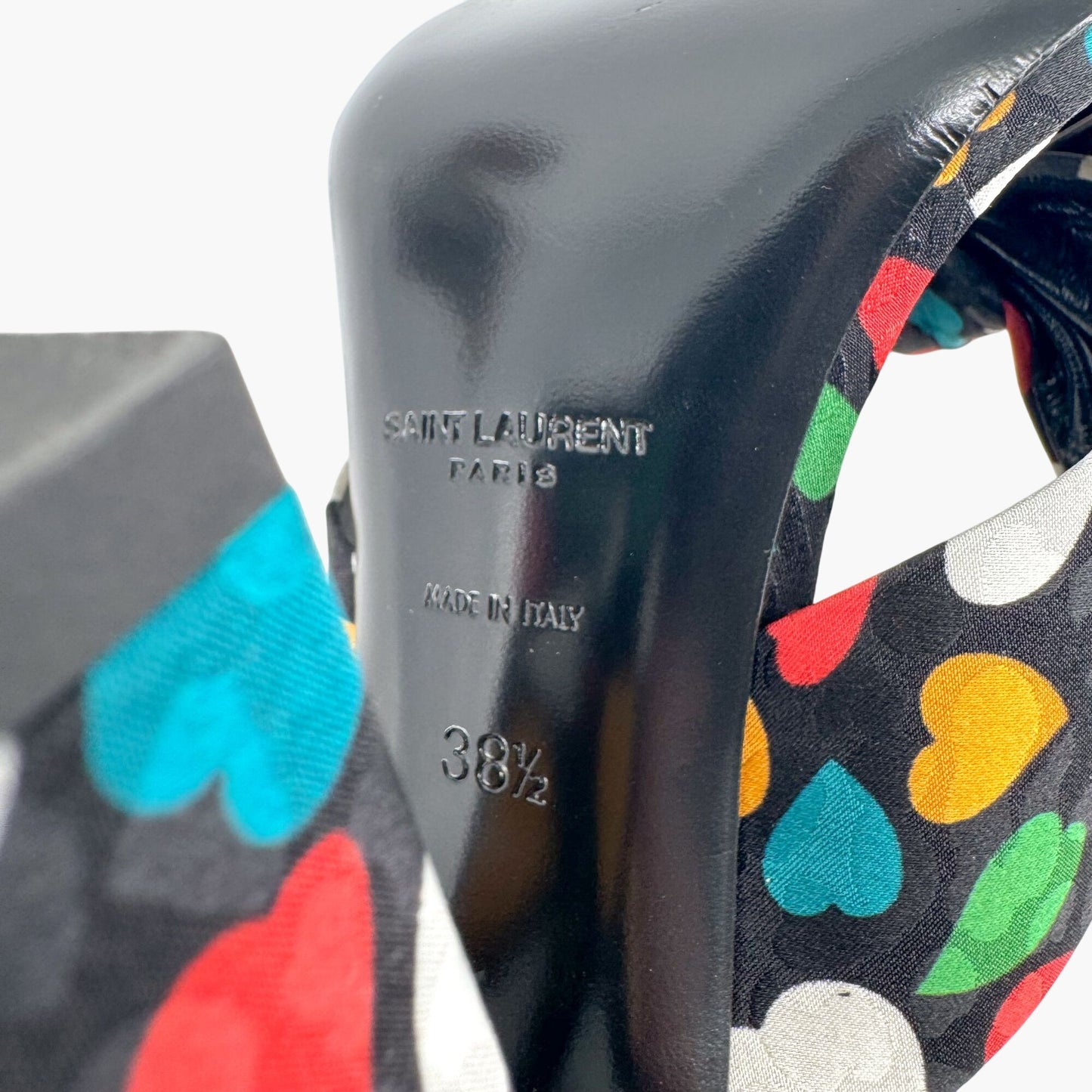 Saint Laurent Bianca 100 Mule Sandals in Black Satin with Heart Print – Size 38.5