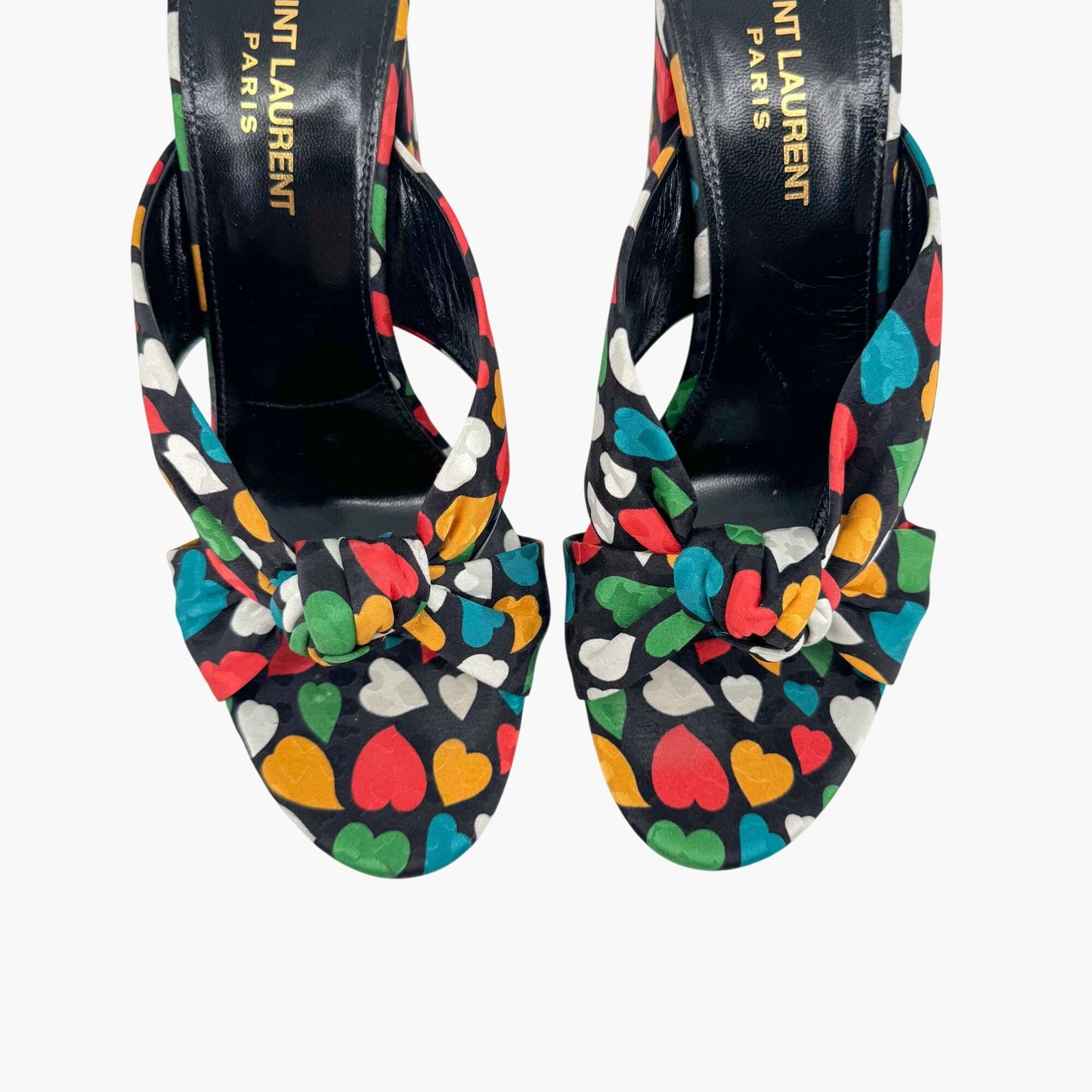 Saint Laurent Bianca 100 Mule Sandals in Black Satin with Heart Print – Size 38.5