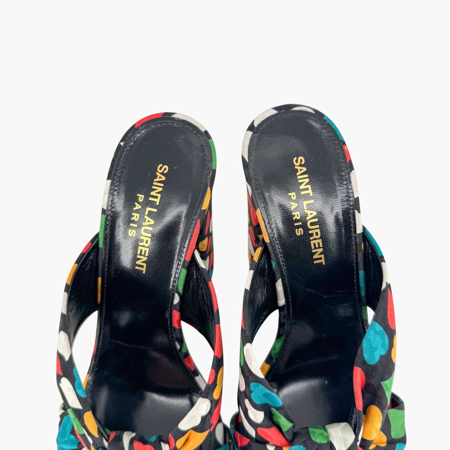 Saint Laurent Bianca 100 Mule Sandals in Black Satin with Heart Print – Size 38.5