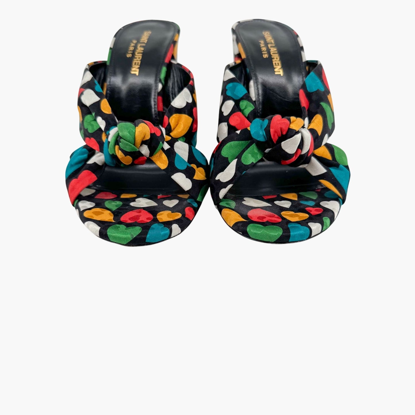 Saint Laurent Bianca 100 Mule Sandals in Black Satin with Heart Print – Size 38.5