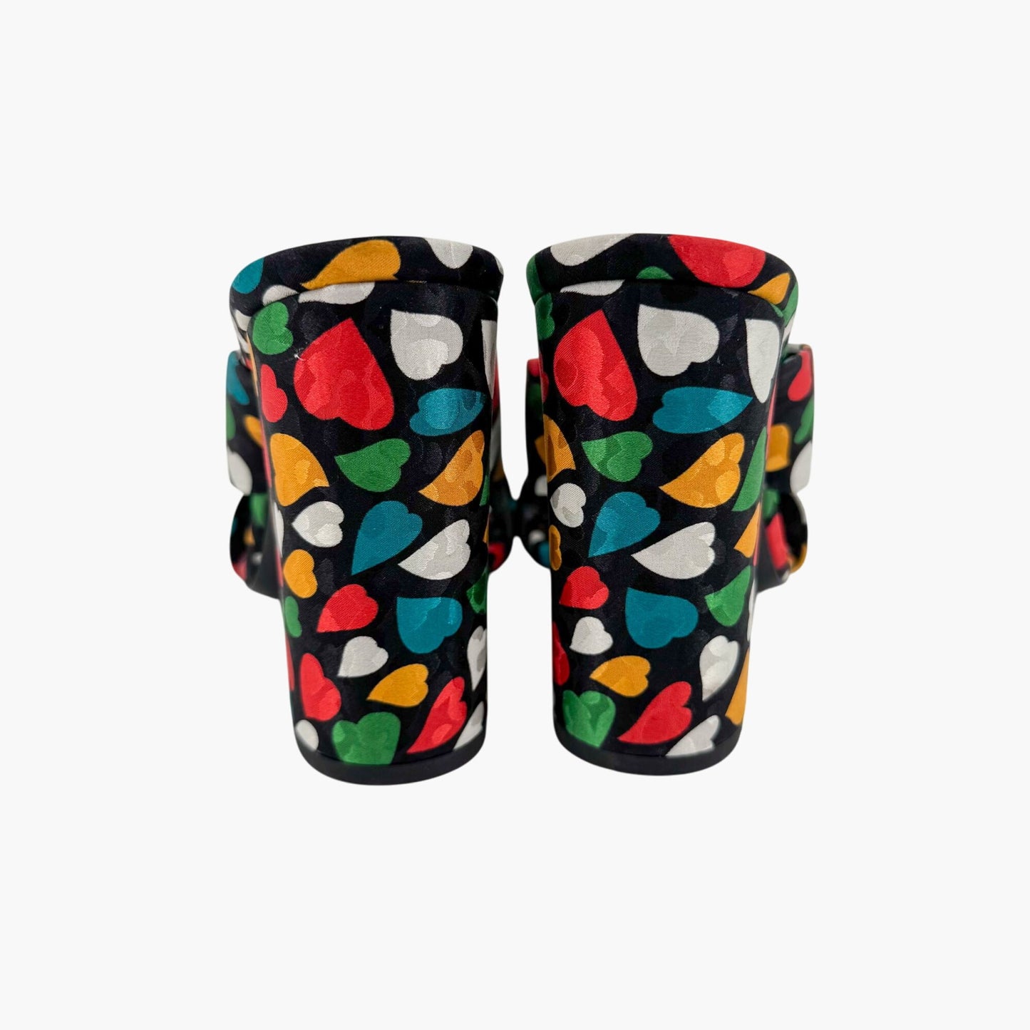 Saint Laurent Bianca 100 Mule Sandals in Black Satin with Heart Print – Size 38.5