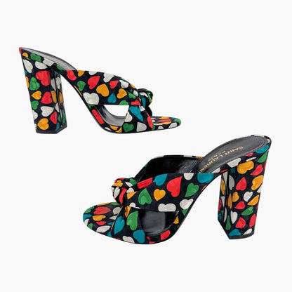 Saint Laurent Bianca 100 Mule Sandals in Black Satin with Heart Print – Size 38.5
