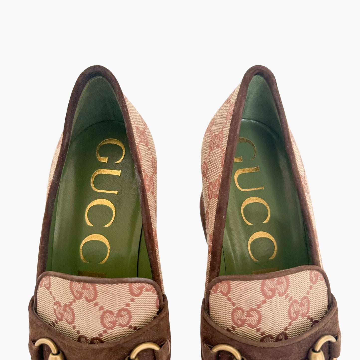 Gucci Houdan Horsebit Block Heel Loafer in Beige GG Monogram Canvas Size 40