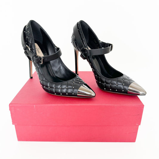 Valentino Garavani Rockstud Mary Jane Pumps in Black Leather Size 40