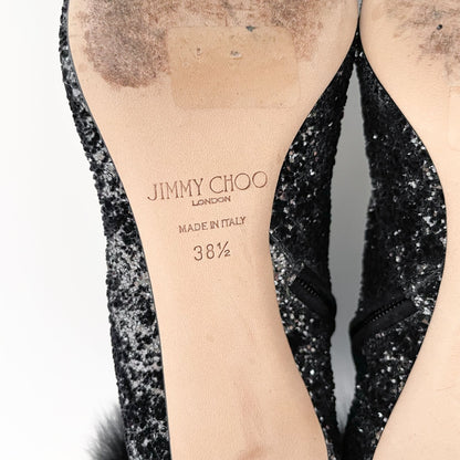 Jimmy Choo Tesler 65 Ankle Boots in Anthracite/Black Velvet Glitter Devore with Fox Fur Size 38.5
