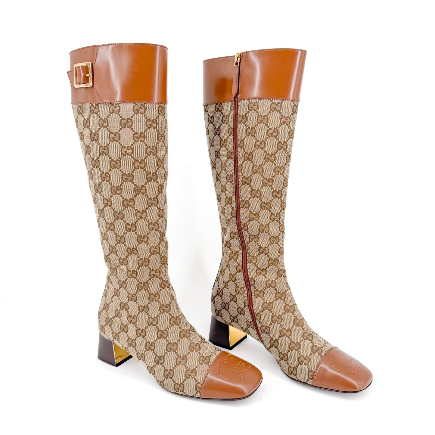Gucci Ellis GG Knee High Riding Boots in Beige Monogram Canvas Size 38