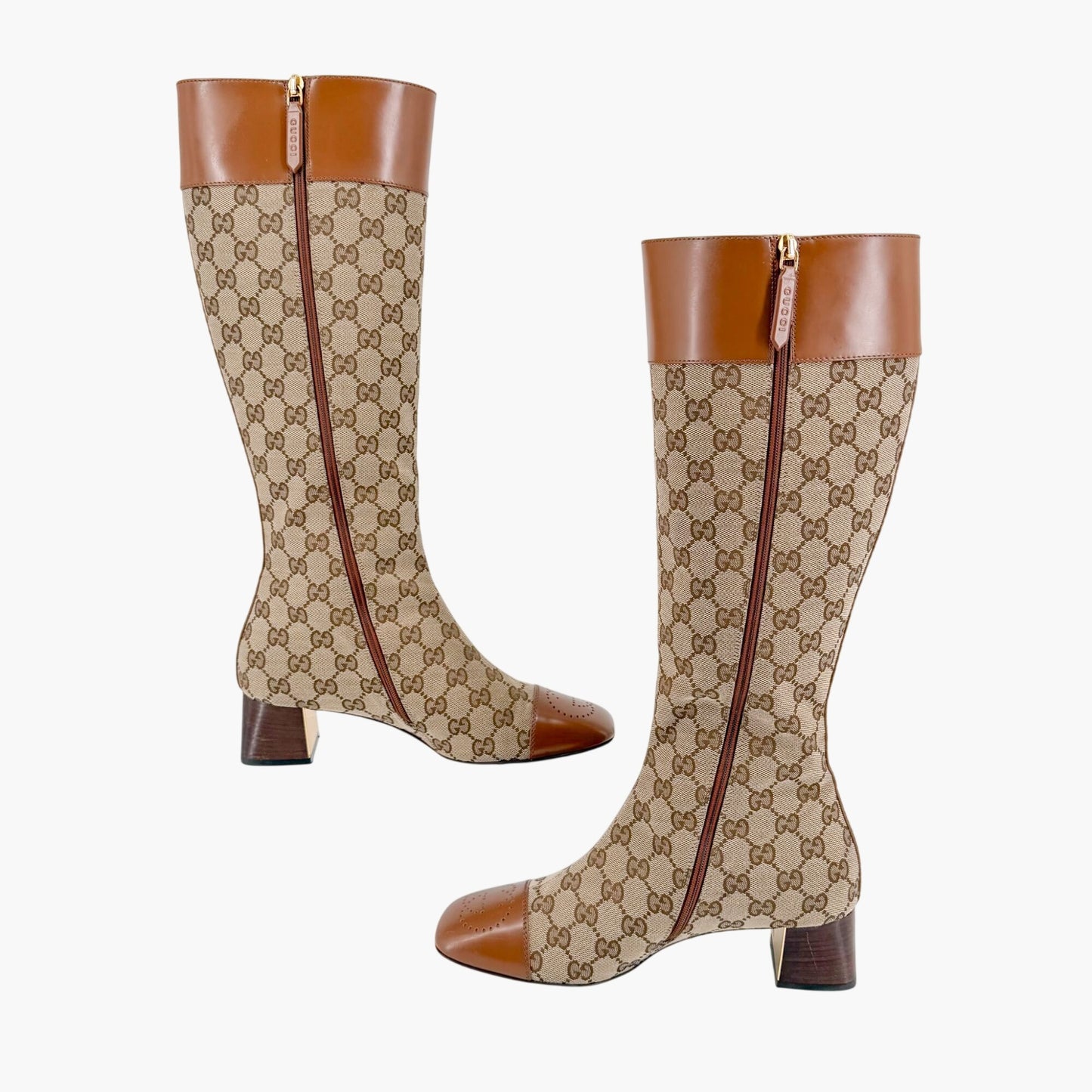 Gucci Ellis GG Knee High Riding Boots in Beige Monogram Canvas Size 38