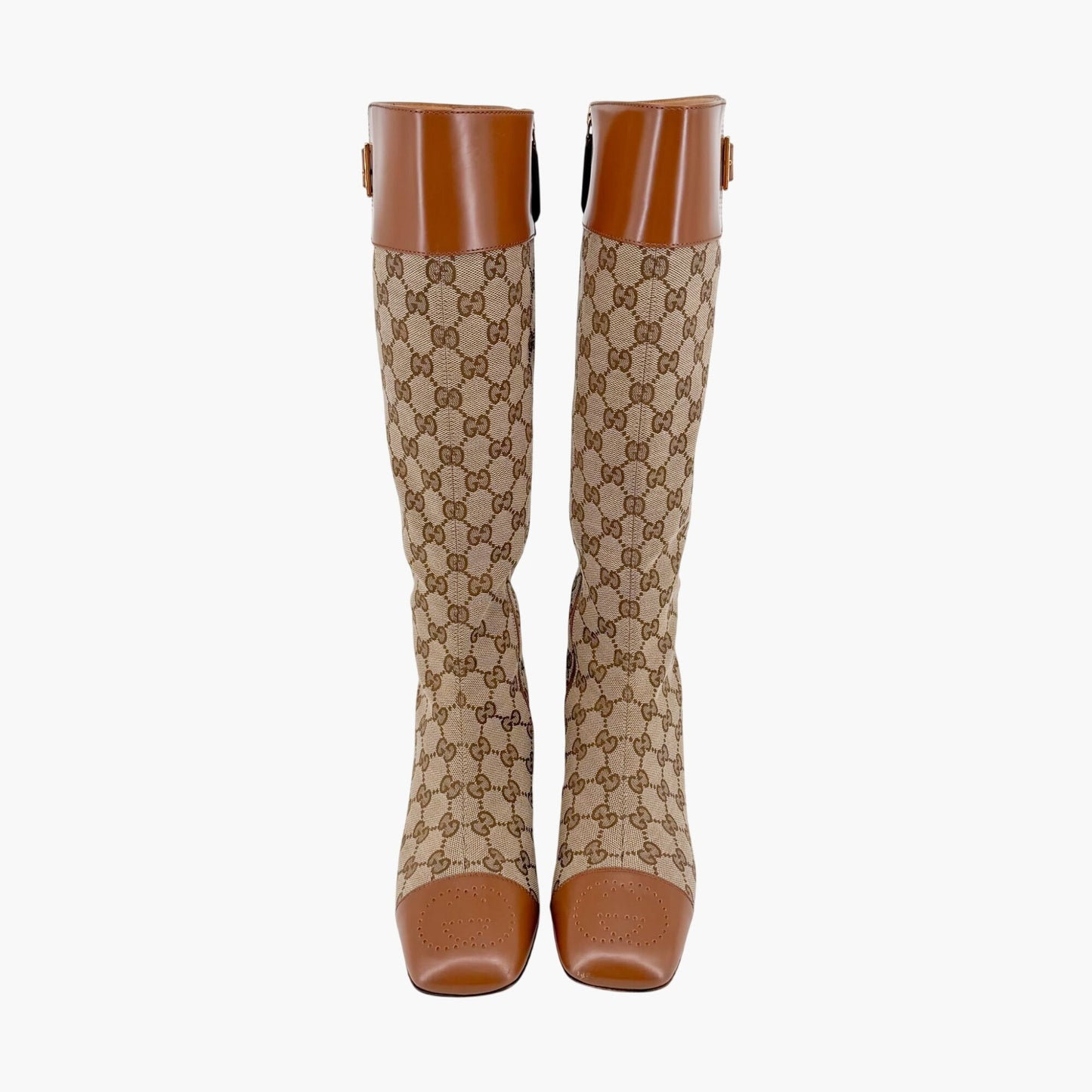 Gucci Ellis GG Knee High Riding Boots in Beige Monogram Canvas Size 38