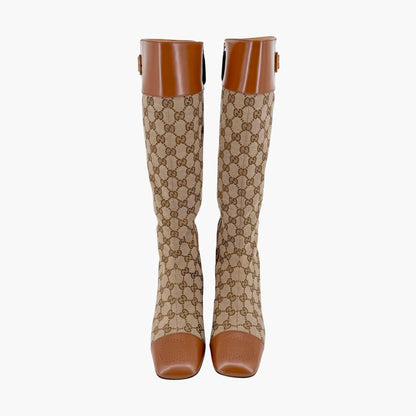 Gucci Ellis GG Knee High Riding Boots in Beige Monogram Canvas Size 38