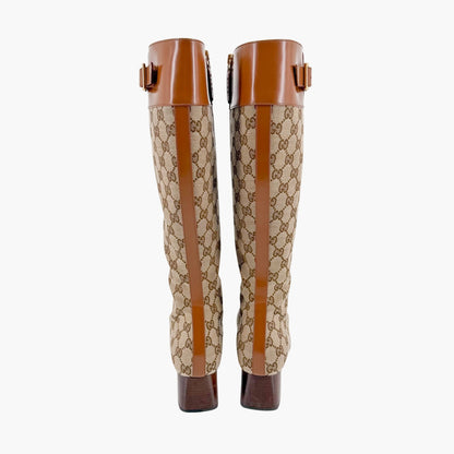 Gucci Ellis GG Knee High Riding Boots in Beige Monogram Canvas Size 38