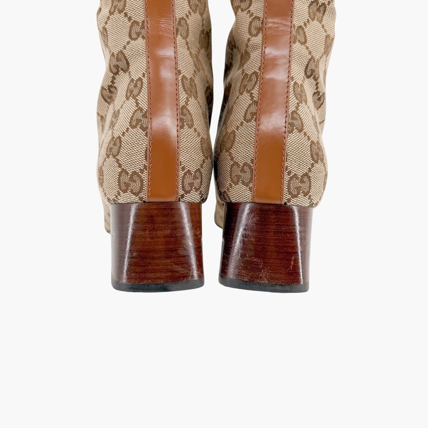 Gucci Ellis GG Knee High Riding Boots in Beige Monogram Canvas Size 38