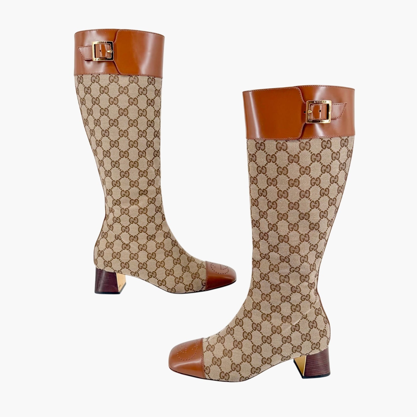 Gucci Ellis GG Knee High Riding Boots in Beige Monogram Canvas Size 38
