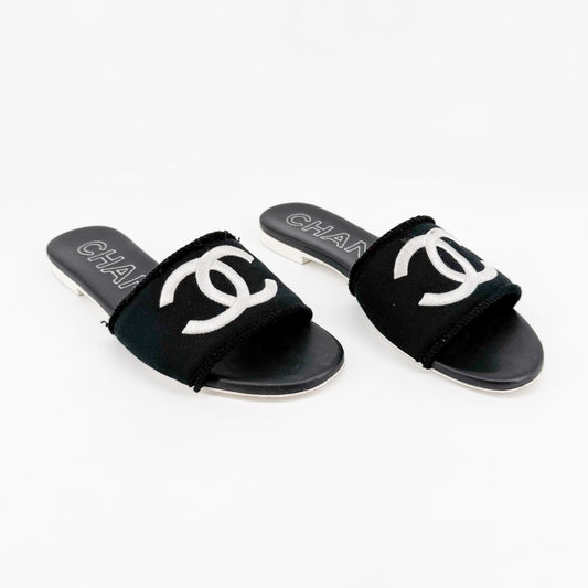 Chanel CC Flat Mule Sandals in Black Knit Size 37C