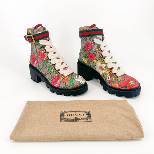 Gucci Trip Lace Up Combat Boots in Floral GG Canvas Size 37