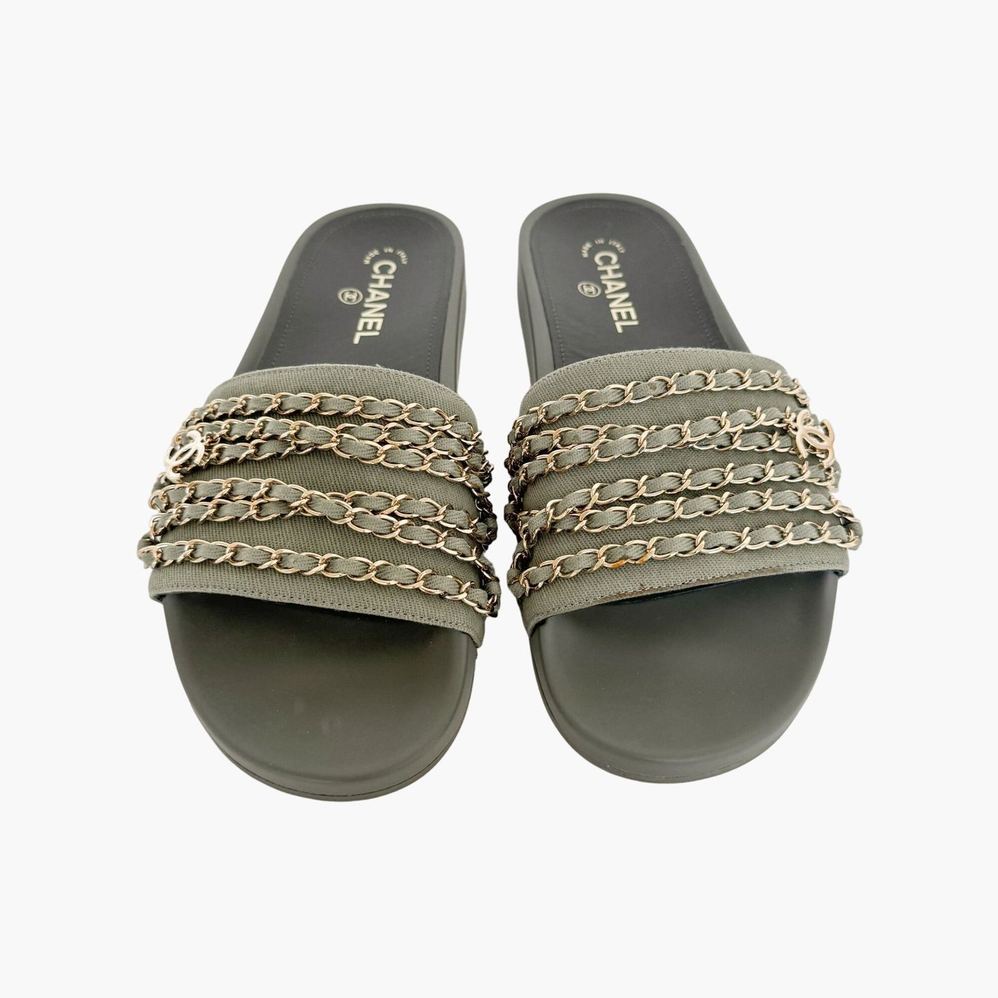 Chanel CC Chain Slide Sandals in Khaki Green Canvas Size 42