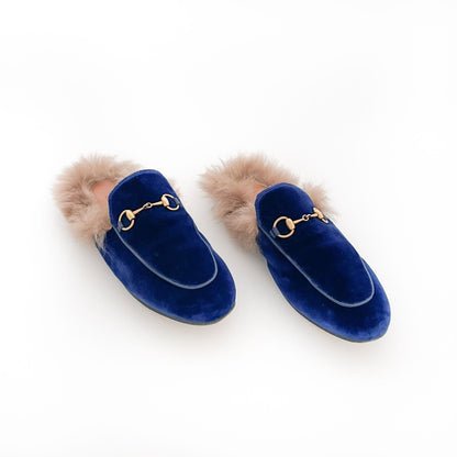 Gucci Princetown Fur-Lined Horsebit Slippers in Blue Velvet Size 37