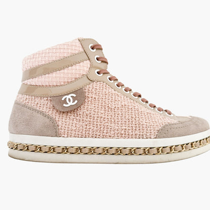 Chanel High Top Chain Sneakers in Light Pink Tweed Size 37.5