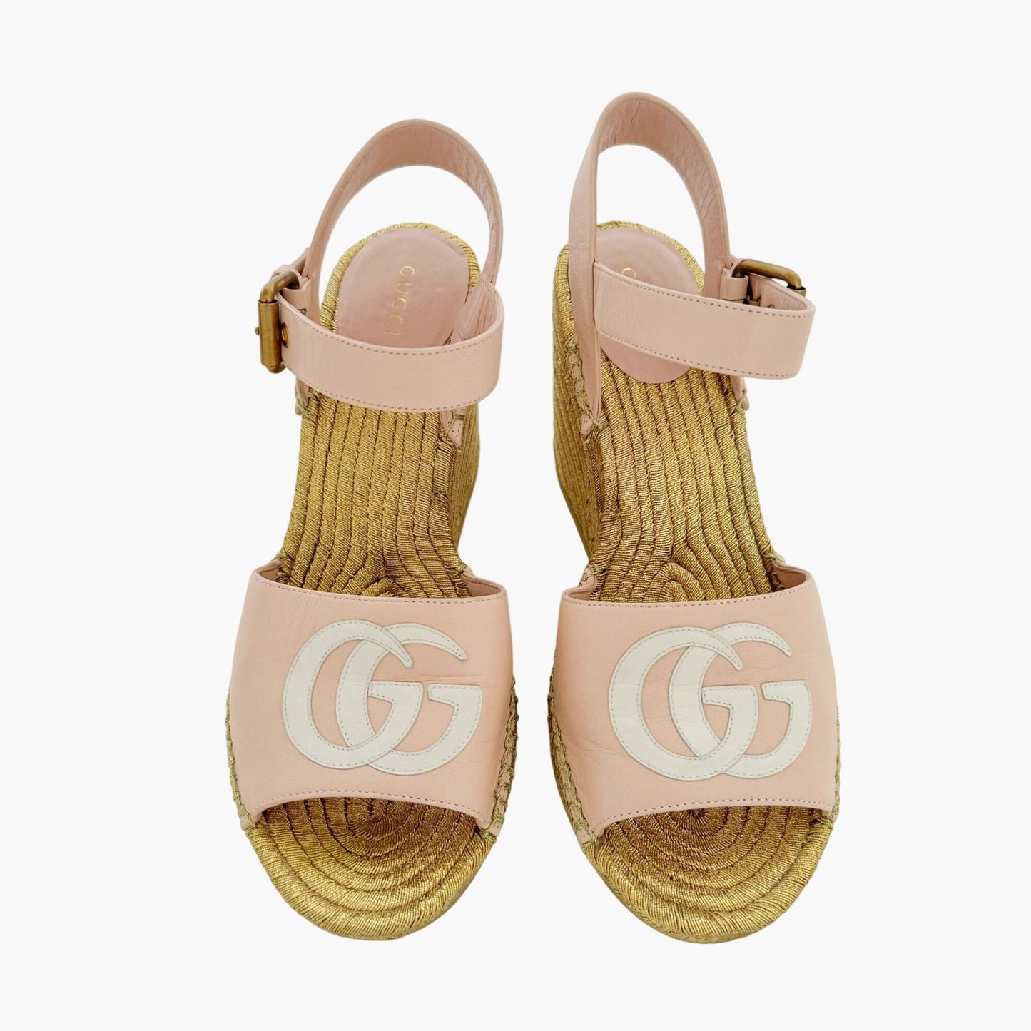Gucci Flor GG Espadrille Wedge Sandals in Pink & Gold Leather Size 39