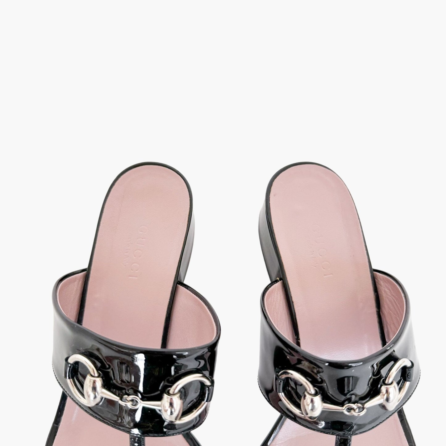 Gucci Lilane Horsebit Low Block Heel Thong Sandals in Black Patent Leather Size 37.5