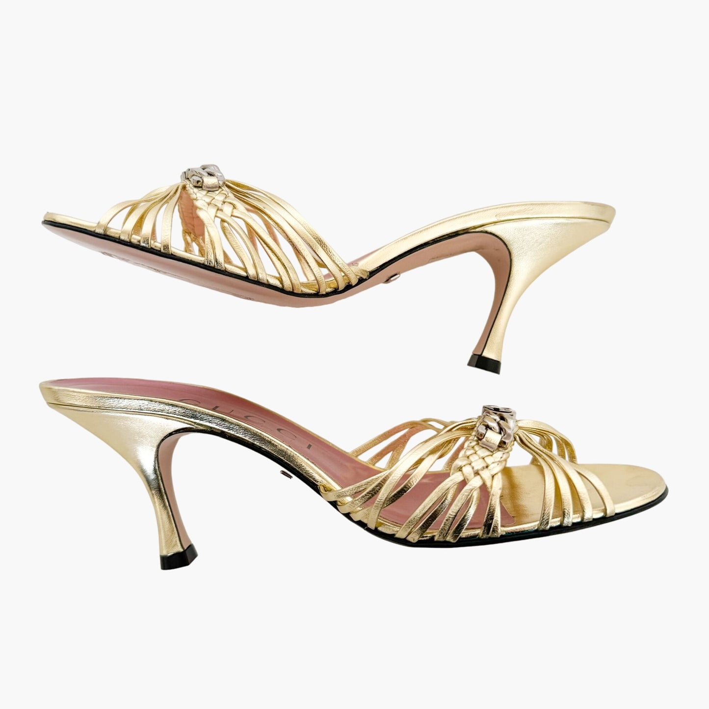 Gucci Braided Interlocking G Mules in Metallic Gold Leather Size 38