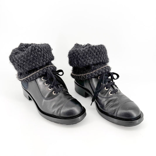 Chanel Knit Lace Up Combat Boots in Black Leather Size 42